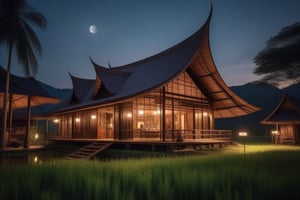 single storey house,
teak wood,
single slope roof,
thai lanna contemporary wooden house, stone driveway,
a small building,
producing many glowing moonlight ores,
HZ Steampunk,
in front of rice paddy,
Thai girl in traditional dress
mountains in distant background,HZ Steampunk