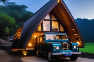 double storey house 
sacred geometry
single slope roof
thai lanna contemporary wood house
old landrover in driveway
,a small building,producing many glowing moonlight ores,HZ Steampunk