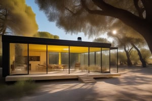 split level single storey house,
richard rogers, le corbusier contemporary,
simplified roof,
a small building,
producing many glowing moonlight ores,
in the camargue,
shade tree,
french cevenne mountains in distant background,photo r3al,HZ Steampunk