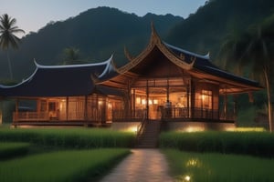 single storey house,
teak wood,
single slope roof,
thai lanna contemporary wooden house, stone driveway,
a small building,
producing many glowing moonlight ores,
HZ Steampunk,
in front of rice paddy,
Thai girl in traditional lanna dress
mountains in distant background,HZ Steampunk