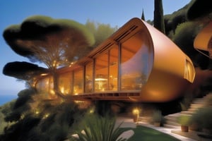 split level single storey house,
styled by richard rogers and le corbusier and frank lloyd wright and renzo piano and frank gehry,
bio earth house
a small building, self build, autonomous
producing many glowing moonlight ores,
in botanical garden,
shade tree,
in menton france view of the bay
,photo r3al,HZ Steampunk