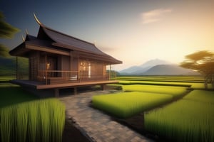 double storey house,
teak wood,
single slope roof,
thai lanna contemporary wooden house, stone driveway,
a small building,
producing many glowing moonlight ores,
HZ Steampunk,
in front of rice paddy,
mountains in distant background,