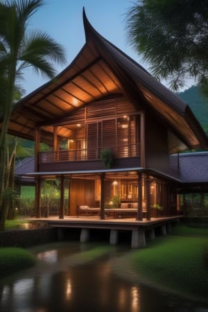 single storey house,
teak wood,
single slope roof,
thai lanna contemporary wooden house, stone driveway,
a small building,
producing many glowing moonlight ores,
HZ Steampunk,
in front of rice paddy,
mountains in distant background,HZ Steampunk