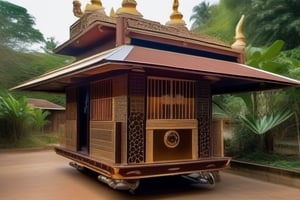 double storey house 
sacred geometry
single slope roof
thai lanna contemporary wood house
old landrover in driveway
,a small building,producing many glowing moonlight ores,HZ Steampunk