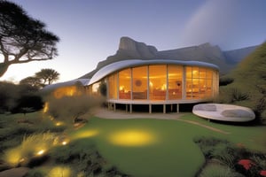 split level single storey house cape dutch vernacular,
restyled by richard rogers and le corbusier and frank lloyd wright and renzo piano and frank gehry,
bio earth house
a small building, self build, autonomous
producing many glowing moonlight ores,
in botanical garden,
shade tree,
in front of the table mountain in cape town

