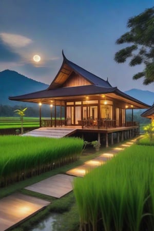 single storey house,
teak wood,
single slope roof,
thai lanna contemporary wooden house, stone driveway,
a small building,
producing many glowing moonlight ores,
HZ Steampunk,
in front of rice paddy,
mountains in distant background,HZ Steampunk