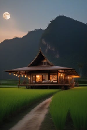 single storey house,
teak wood,
single slope roof,
thai lanna contemporary wooden house, stone driveway,
a small building,
producing many glowing moonlight ores,
HZ Steampunk,
in front of rice paddy,
Thai girl in traditional lanna dress
mountains in distant background,HZ Steampunk