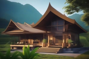 double storey house,
teak wood,
single slope roof,
thai lanna contemporary wooden house, stone driveway,
a small building,
producing many glowing moonlight ores,
HZ Steampunk,
in front of rice paddy,
mountains in distant background,