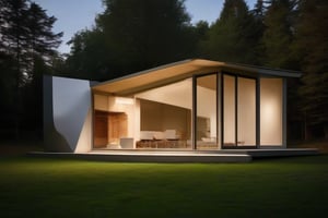 small house single pitched roof approximately 3,8 meters wide by 8m long, using harmonic geometry of fibonacci proportions and all functional structural elements visible, in the quantum field, styled by lecorbusier, masterpiece, best quality, ultra realistic, 32k, RAW photo, high detailed 