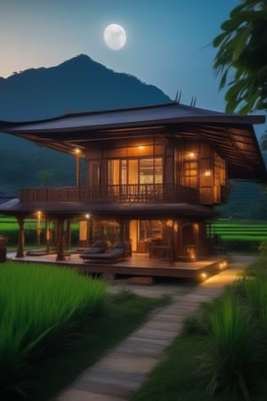 single storey house,
teak wood,
single slope roof,
thai lanna contemporary wooden house, stone driveway,
a small building,
producing many glowing moonlight ores,
HZ Steampunk,
in front of rice paddy,
mountains in distant background,HZ Steampunk