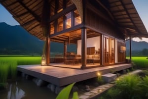 single storey house,
teak wood,
single slope roof,
thai lanna contemporary wooden house, stone driveway,
a small building,
producing many glowing moonlight ores,
HZ Steampunk,
in front of rice paddy,
mountains in distant background,HZ Steampunk