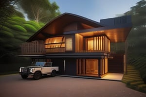 double storey house 
sacred geometry
single slope roof
thai lanna contemporary wood house
old landrover in driveway
,a small building,producing many glowing moonlight ores,HZ Steampunk