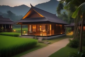 single storey house,
teak wood,
single slope roof,
thai lanna contemporary wooden house, stone driveway,
a small building,
producing many glowing moonlight ores,
in front of rice paddy,
mango tree,
Thai girl in traditional lanna dress
mountains in distant background