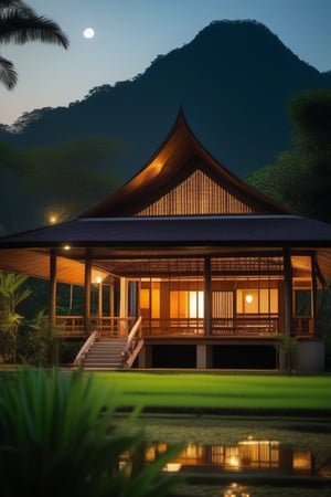 single storey house,
teak wood,
single slope roof,
thai lanna contemporary wooden house, stone driveway, tropical garden,
a small building,
producing many glowing moonlight ores,
in front of rice paddy,
mango tree,
Thai girl in traditional lanna dress,
mountains in distant background,photo r3al