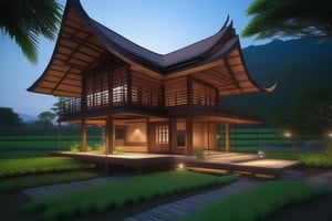 double storey house,
teak wood,
single slope roof,
thai lanna contemporary wooden house, stone driveway,
a small building,
producing many glowing moonlight ores,
HZ Steampunk,
in front of rice paddy,
mountains in distant background,