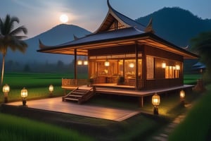 single storey house,
teak wood,
single slope roof,
thai lanna contemporary wooden house, stone driveway,
a small building,
producing many glowing moonlight ores,
HZ Steampunk,
in front of rice paddy,
Thai girl in traditional dress
mountains in distant background,HZ Steampunk