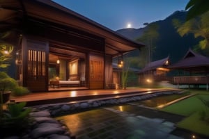 single storey house,
teak wood,
single slope roof,
thai lanna contemporary wooden house, stone driveway,
a small building,
producing many glowing moonlight ores,
HZ Steampunk,
in front of rice paddy,
mountains in distant background,HZ Steampunk