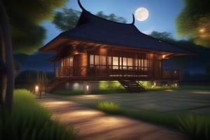 single storey house,
teak wood,
single slope roof,
thai lanna contemporary wooden house, stone driveway,
a small building,
producing many glowing moonlight ores,
HZ Steampunk,
in front of rice paddy,
mountains in distant background,HZ Steampunk