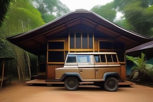 double storey house 
sacred geometry
single slope roof
thai lanna contemporary wood house
old landrover in driveway
,a small building,producing many glowing moonlight ores,HZ Steampunk