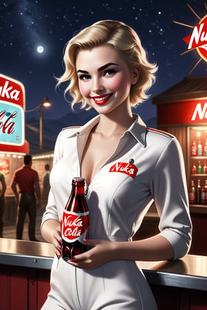 fallout 4 setting, nuka cola advertisment, photorealism, outlines, detailed face,  nighttime, pilot nuka girl, beautiful woman, tight open white jumpsuit with red markings, holding a nukacola bottle, smile, short blonde messy hair, open bar background