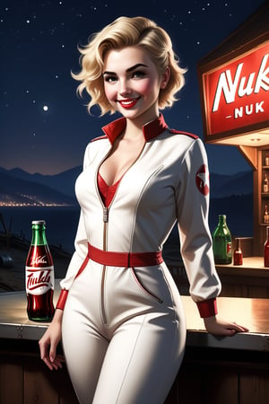 fallout 4 setting, photorealism, outlines, detailed face,  nighttime, pilot nuka girl, beautiful woman, tight open white jumpsuit with red markings, holding a nukacola bottle, smile, short blonde messy hair, open bar background