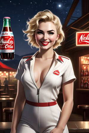 fallout 4 setting, nuka cola advertisment, photorealism, outlines, detailed face,  nighttime, pilot nuka girl, beautiful woman, tight open white jumpsuit with red markings, holding a nukacola bottle, smile, short blonde messy hair, open bar background