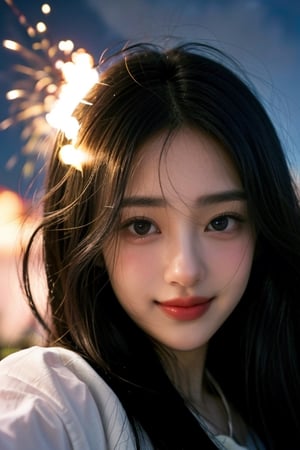 Hayoon, 1 girl, detailed face, a woman with long black hair, smile, (((Nsfw))), outdoor scene, big smiling, 
 (night light), led lighting, magnificent light, ((fire works)), close up, portrait, upperbody, RAW, (intricate details:1.3), (best quality:1.3), (masterpiece:1.3), (hyper realistic:1.3),,<lora:659111690174031528:1.0>