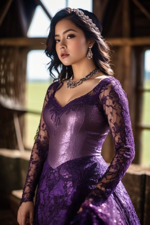 A striking image of a beautifully plump girl with armpits that are adorned with patches of textured, vibrant purple. The girl's clothing is a blend of shimmering patterns and intricate textures, adding a touch of drama to the scene. She wears a simple, classic dress with an intricate pattern, reminiscent of a Victorian era. The background features a well-preserved, rustic barn, with a cozy fireplace and moss-covered walls. standard lens, soft lighting, f/1.8 aperture