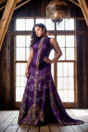 A striking image of a beautifully plump girl with armpits that are adorned with patches of textured, vibrant purple. The girl's clothing is a blend of shimmering patterns and intricate textures, adding a touch of drama to the scene. She wears a simple, classic dress with an intricate pattern, reminiscent of a Victorian era. The background features a well-preserved, rustic barn, with a cozy fireplace and moss-covered walls. standard lens, soft lighting, f/1.8 aperture