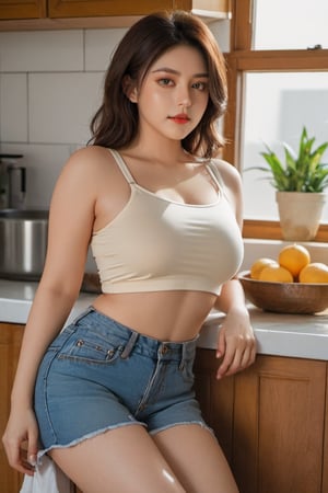 portrait of a woman,xxmix girl woman, thin sleeveless crop top, plump, busty, at the kitchen, under sunlight, showing_armpits, slighty_chubby