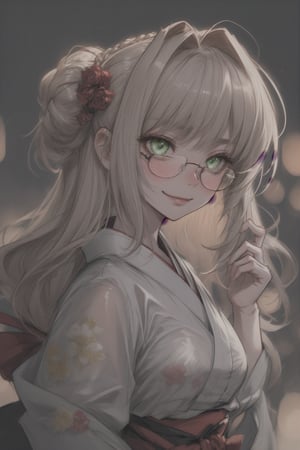 nero_claudius_(fate), green_eyes,
blush, glasses, smug, wink,
torogao, 
1girl, solo, 

Ultra detail hair, ultra detail face, perfect eyes, perfect face, expert_shading, extremely_detailed, detailed_eyes, detailed_eyelashes,night_view_background,see-through_short_kimono,condom_hair_ornament