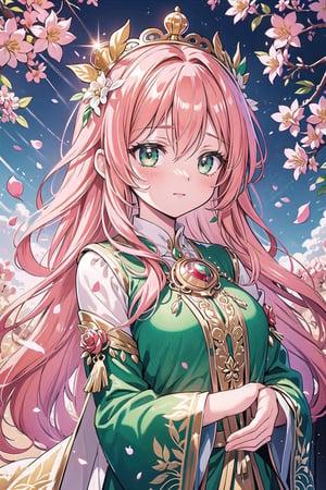 vibrant colors, female, masterpiece, sharp focus, best quality, depth of field, cinematic lighting, ((solo, one woman )), (illustration, 8k CG, extremely detailed), masterpiece, ultra-detailed, Fruit Tree Fairy

Hair length: Medium and wavy
Hair Color: Rose Gold
Eye color: Emerald green
Clothes: Golden tunic with woven fruits, crown of flowers and fruits.

This charming fairy watches over the blossoming orchards of spring, with medium wavy hair of a precious rose gold that seems to shine like the rays of the sun. Emerald green eyes shine with vitality and fertility. She wears a golden robe adorned with woven fruits symbolizing nature's abundance, and a crown of flowers and fruits that frames her face with splendor and prosperity.