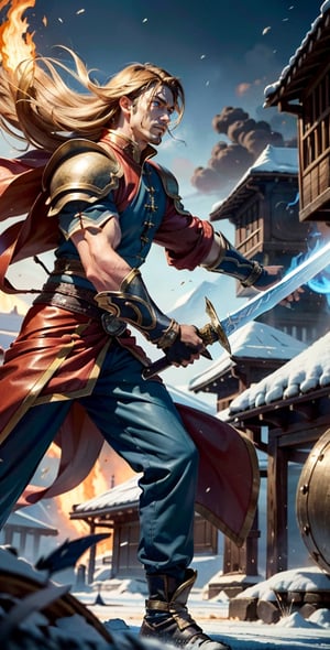 Muscular man, leather armour, long pants, glowing blue eyes, holding massive big sword, fantasy world, using fighting style, burning village, afraid people running, ice and fire background, flying dragons, 