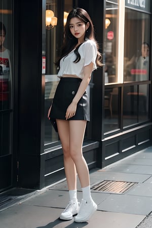 masterpiece, best quality,1girl, solo, black hair, wearing mini skirt, realistic, looking at viewer, black eyes, long hair, closed mouth, full body,jennierubyjenes