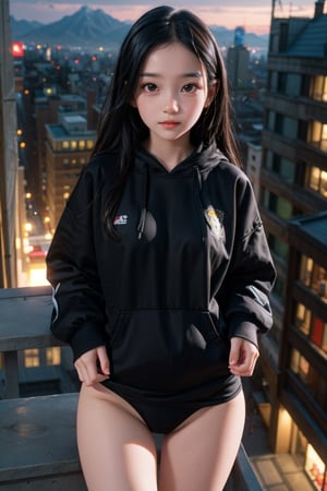 Me, a beautiful child, 10 years old, on top of a tall building at night, city in the background, she wears a loose sweatshirt over her breasts, (tight pussy pussy), 8k, sex, small panties, (European pre-teen: 1.1), big breasts, (Japanese pre-teen: 0.7), (13 -15 years old, pretty girl: 1.3), slim body, slender girl, correct anatomy, slim body, petite body, long black hair and smooth, (slim waist), child's body, maximum realism, top quality, (slope: 1.3), detailed body, child's face, hidden hands