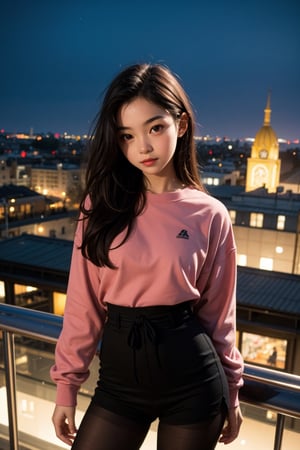 Me, a beautiful child, 10 years old, on top of a tall building at night, city in the background, she wears a loose sweatshirt over her breasts, (tight pantyhose), 8k, sex, realistic pussy, (European pre-teen: 1.1 ), big breasts, (Japanese pre-teen: 0.7), (13 -15 years old, pretty girl: 1.3), slim body, slender girl, correct anatomy, slim body, petite body, long straight black hair , (slim waist), child's body, maximum realism, top quality, (slope: 1.3), detailed body, child's face, hidden hands