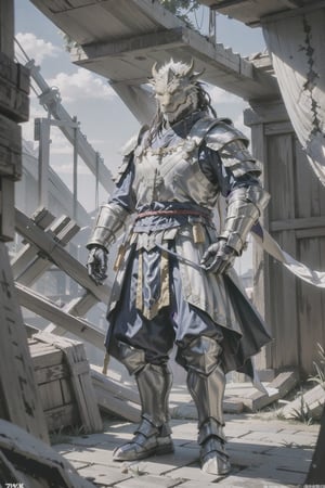 masterpiece, best quality, 1 dragonborn, ( golden ), with  a steel jaw, heavy bright red eyes, dreadlock scales, cinematic light, detailed scales, heavy chinese armor ( plate armor ), song dynasty armor, ( high detailed armor), without gloves, full body,  8k, kongming suit of heavy armor