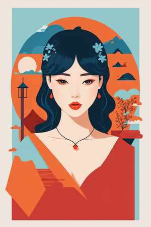 flat, illustration design, flat design of woman with all landscape nature background illustration, in studio of pierrot, vibrant colors, creative illustration scene, flat illustration design, detailed face of korean women