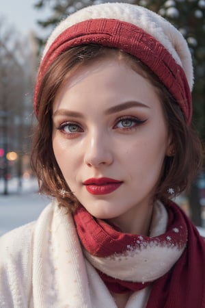 photo of a woman, elliek:0.99,((short hair):1.2), ((pale skin)), (closeup, portrait),((outdoors, city, snow):1.2),((red lipstick,heavy eyeliner, heavy eye shadow, blush):1.2), ((warm hat, scarf), ((best quality, masterpiece, extreme details, high resolution):1.2),((detailed eyes, beautiful eyes, detailed face, beautiful face):1.2), smiling