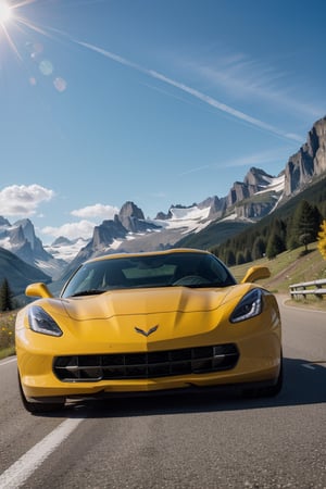 Photograph, Yellow Chevrolet Corvette, road, Swiss alps, summer time, day time, driving fast, 4k, HD, cinematic, bright, day time, sunny, clouds, blue sky, sunshine, sun glare, detailed, highres, 8k, masterpiece,  