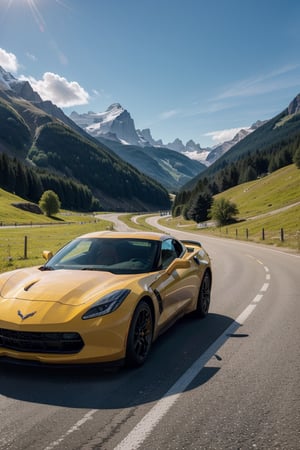 Photograph, Yellow Chevrolet Corvette, road, Swiss alps, summer time, day time, driving fast, 4k, HD, cinematic, bright, day time, sunny, clouds, blue sky, sunshine, sun glare, detailed, highres, 8k, masterpiece,  