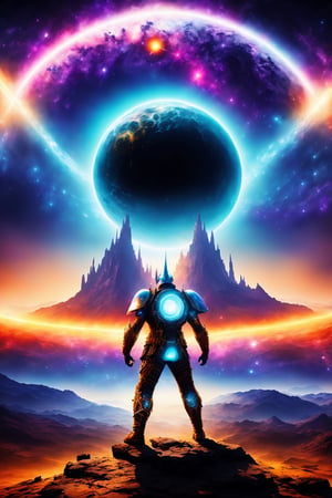 Expansive 3D rendering, (Futuristic and cosmic vibes:1.3), BREAK, (Inspired by Jack Kirby:1.3), Nebula-filled expanse, Shimmering cosmic armor, Heroic stance, (Guardian of the Universe:1.2), Epic battlecry, BREAK, (A cosmic sentinel:1.3), Celestial battlefield, Energy beams, Galactic nemesis, (Defending the cosmos:1.2), Unyielding determination.