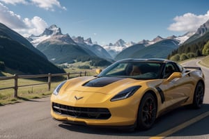 Photograph, Yellow Chevrolet Corvette, road, Swiss alps, summer time, day time, driving fast, 4k, HD, cinematic, bright, day time, sunny, clouds, blue sky, sunshine, sun glare, detailed, highres, 8k, masterpiece,  