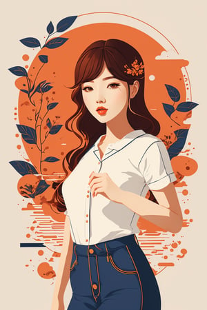 flat, illustration design, flat design of woman with all landscape nature background illustration, in studio of pierrot, vibrant colors, creative illustration scene, flat illustration design, detailed face of korean women