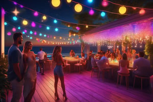 Hyperrealistic, Hyperdetailed, Realism Photo of people on a terrace with ocean view, full moon, lagoon party, decorated party location, stars, full moon, neon lights, with people behind, magical enchanting fantastical, 8k resolution, particle effects streaming, Unreal Engine intricately detailed, intricate design, photorealistic, hyperrealistic, high definition, extremely detailed, cinematic, UHD, HDR, 32k, ultra hd, realistic, highly detailed, perfect composition, beautiful detailed intricate insanely detailed octane render, trending on artstation, aw0k geometry, photo-realistic, 50mm lens, f/2.8, natural lighting, highly detailed, masterpiece, absolute realistic, best quality, ultra-realistic, highest resolution, Professional Photography, party athmosphere, glitter, drinks, laughing, dancing, a fantasy world in neon partylights in the background,neon photography style