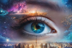 ((Double Exposure)), Hyperrealistic, Hyperdetailed, Realism photography of a view above the clouds with nebula, stars, sunrays in Soft Pastel Hues, (Brilliant light)+silhouette of an eye (perfecteye)+cityscape at night, double exposure, double exposure splash art,layered exposure, double exposure, layered double exposure art, realism, hyperrealistic, hyperdetailed, Photoshopped double exposure, Photoshopped dual exposure, Unreal Engine intricately detailed trending on Artstation,Hyperrealistic, Hyperdetailed, Realism, intricate design, photorealistic, hyperrealistic, high definition, extremely detailed, cinematic, UHD, HDR, 32k, ultra hd,masterpiece, Delicate; Royo, Bagshaw, Chevrier, Lou Xaz, Ferri, Kaluta, Minguez, Mucha, Simon Dewey, WLOP, Greg Olsen, Artgerm. Cinematic, 8K, hyperdetailed face, photo-realistic, 50mm lens, f/2.8, natural lighting, HDR, Kodak Ektar, macro lens, sharp, photo-realistic, 50mm lens, f/2.8, natural lighting, HDR, Hyperrealistic, Incredible details, masterpiece, High detailed, Realism,photo r3al,inst4 style, photorealistic,double exposure,b3rli