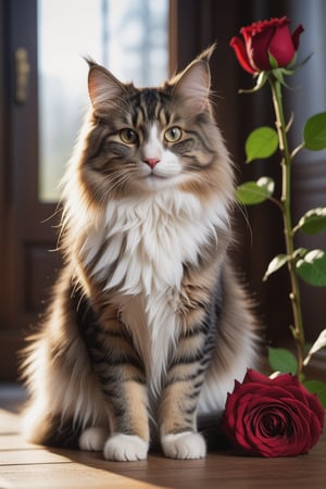 Hyperdetailed, RAW photography of an Norwegian forest cat sits in front of a red rose and smells it dreamily, sunrays, colors, perfect lighting, shadows,Beautify, Epicrealism, intricate, detailed, 500px, promo shot,
