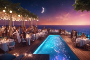 Hyperrealistic, Hyperdetailed, Realism Photo of people on a terrace with ocean view,at night, lagoon party, decorated party location, stars, full moon, neon lights, with people behind, magical enchanting fantastical, 8k resolution, particle effects streaming, Unreal Engine intricately detailed, intricate design, photorealistic, hyperrealistic, high definition, extremely detailed, cinematic, UHD, HDR, 32k, ultra hd, realistic, highly detailed, perfect composition, beautiful detailed intricate insanely detailed octane render, trending on artstation, aw0k geometry, photo-realistic, 50mm lens, f/2.8, natural lighting, highly detailed, masterpiece, absolute realistic, best quality, ultra-realistic, highest resolution, Professional Photography, party athmosphere, glitter, drinks, laughing, dancing, people on a terrace with ocean view,at night, lagoon party, decorated party location, stars, full moon, neon lights, a fantasy world in neon partylights in the background,neon photography style