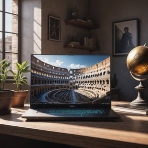 Hyperdetailed, Hyperrealistic, Realism, RAW photo of an openend laptop on a desk in a livingroom, showing the old colloseum in rome and gladiator fights on the laptop screen, at a sunny day,with sunshine, sunrays, colors, perfect lighting, shadows, 12k, high definition, cinematic, behance contest winner, stylized digital art, smooth, ultra high definition, 8k, unreal engine 5, ultra sharp focus, intricate artwork masterpiece, ominous, epic, 4k details, ultra details, dynamic lighting, cinematic, photo-realistic, 50mm lens, f/2.8, natural lighting, HDR, realism, mysterious, 64 megapixels, depth of field, hyperrealism, photorealistic, 8k ultra fine detail, masterpiece, High detailed, Realism, Epic, Enhance, Beautify, Epicrealism, Realistic,neon photography style, viewed_from_side,