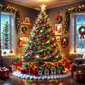 Hyperrealistic, Hyperdetailed, Realism Photo of a christmas tree with many presents, falling_snow, snowing, christmas day, festive christmas decorations, magical enchanting fantastical, 8k resolution, particle effects streaming, bright lights, Unreal Engine intricately, [a colorful lighting translucent angel made of white smoke], intricate design, photorealistic, hyperrealistic, high definition, extremely detailed, cinematic, UHD, HDR, 32k, ultra hd, realistic, bright muted tones, highly detailed, perfect composition, beautiful detailed intricate insanely detailed octane render, trending on artstation,aw0k geometry,photo-realistic, 50mm lens, f/2.8, focused on the christmas tree, natural lighting, highly detailed, masterpiece, absolute realistic, best quality,ultra-realistic, highest resolution, Professional Photography,ral-chrcrts,neon photography style, 